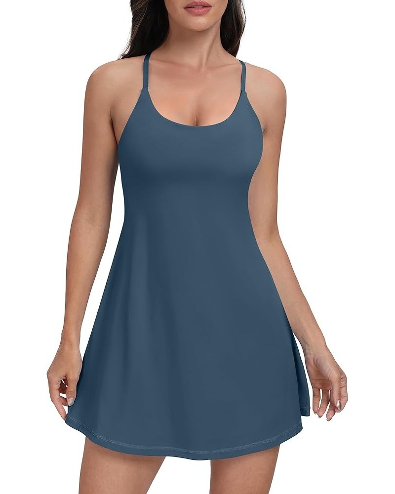 Women Workout Tennis Dress with Built-in Bra Shorts, Cross Shoulder Straps and Pockets Easy Peezy - Blue $19.13 Dresses