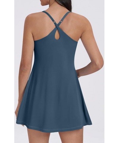 Women Workout Tennis Dress with Built-in Bra Shorts, Cross Shoulder Straps and Pockets Easy Peezy - Blue $19.13 Dresses