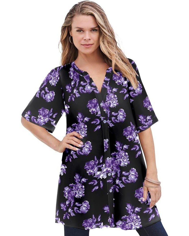 Women's Plus Size Short-Sleeve Angelina Tunic Black Purple Floral $19.97 Tops