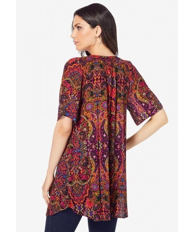 Women's Plus Size Short-Sleeve Angelina Tunic Black Purple Floral $19.97 Tops