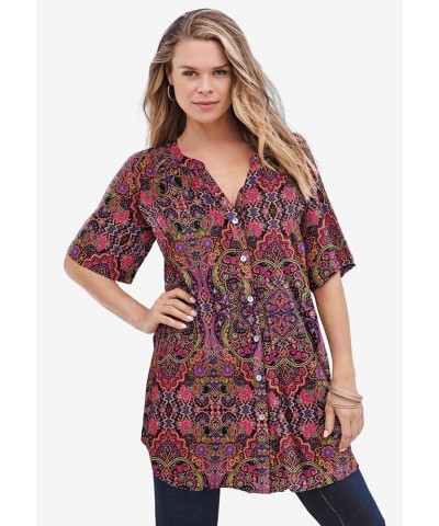 Women's Plus Size Short-Sleeve Angelina Tunic Black Purple Floral $19.97 Tops