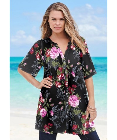 Women's Plus Size Short-Sleeve Angelina Tunic Black Purple Floral $19.97 Tops