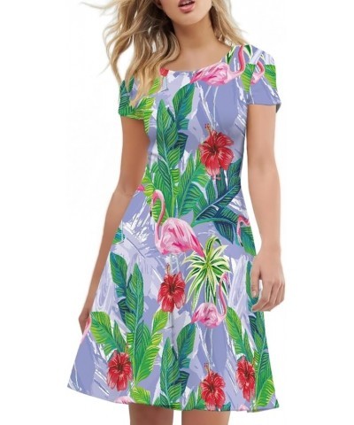 JooMeryer Women's Pink Flamingo Short Sleeve Crew Neck Casual Summer Beach Flared Midi Dress Purple Flamingo $12.00 Dresses