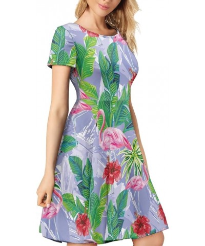 JooMeryer Women's Pink Flamingo Short Sleeve Crew Neck Casual Summer Beach Flared Midi Dress Purple Flamingo $12.00 Dresses