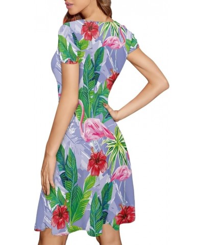 JooMeryer Women's Pink Flamingo Short Sleeve Crew Neck Casual Summer Beach Flared Midi Dress Purple Flamingo $12.00 Dresses