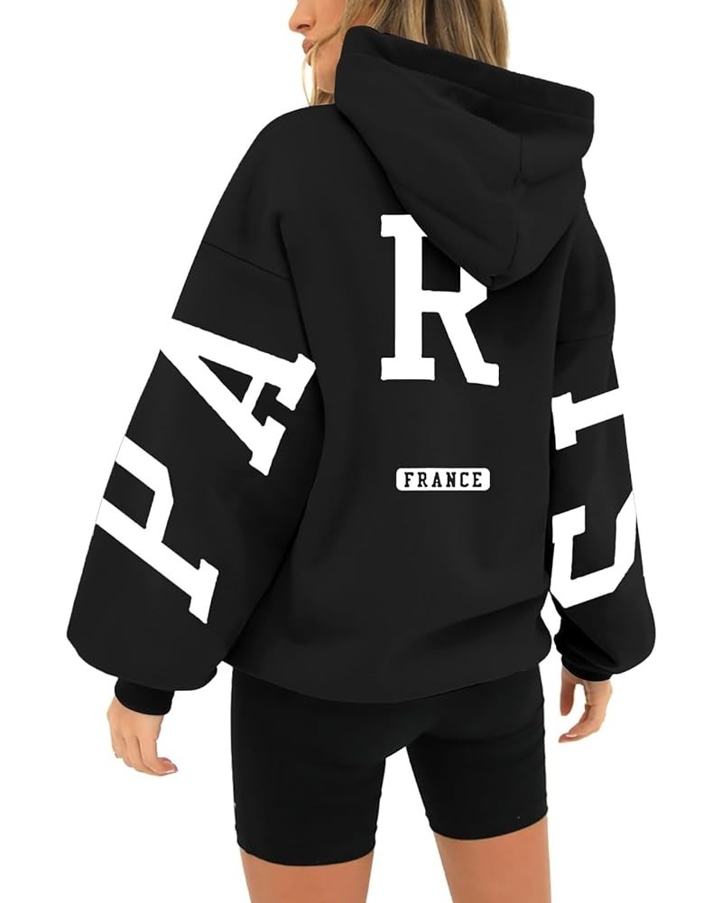 Paris Sweatshirt Hoodies for Women Long Sleeved Oversized Streetwear Printed Hoodie With Pockets Y2K Black $11.19 Hoodies & S...