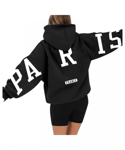 Paris Sweatshirt Hoodies for Women Long Sleeved Oversized Streetwear Printed Hoodie With Pockets Y2K Black $11.19 Hoodies & S...