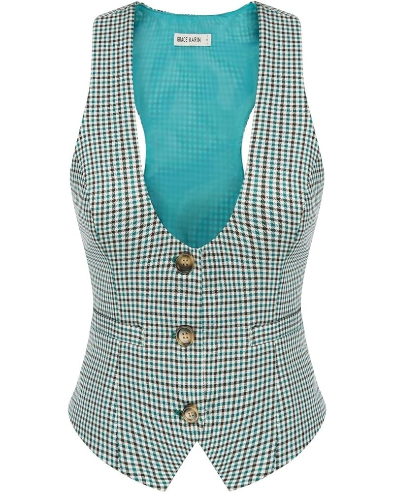 Womens Waistcoat Vest Vintage Steampunk Dress Racerback Jacquard Jacket Plaid Teal $15.58 Vests