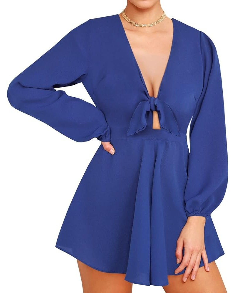 Women's Sexy V Neck Self Tie Front Romper Short Jumpsuit Playsuit Mini Outfit Romper Dress Boho Romper 1727w Dark Blue Solid-...