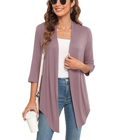 Lightweight Summer 3/4 Sleeve Cardigan for Women Trendy Casual Draped Tie Front Cardigans Fall Shrugs High Low Hem A11-mauve-...