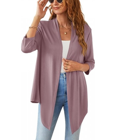 Lightweight Summer 3/4 Sleeve Cardigan for Women Trendy Casual Draped Tie Front Cardigans Fall Shrugs High Low Hem A11-mauve-...