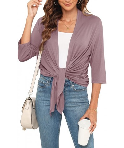 Lightweight Summer 3/4 Sleeve Cardigan for Women Trendy Casual Draped Tie Front Cardigans Fall Shrugs High Low Hem A11-mauve-...