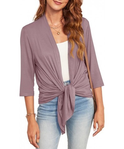 Lightweight Summer 3/4 Sleeve Cardigan for Women Trendy Casual Draped Tie Front Cardigans Fall Shrugs High Low Hem A11-mauve-...