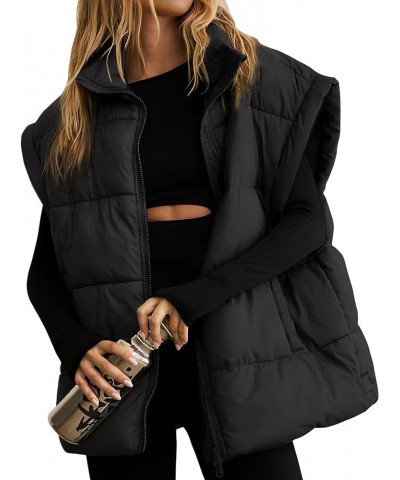 Womens Puffer Vest Oversized Puffer Jacket Coat Sleeveless Stand Collar Lightweight Fall Vest for women 2023 Black $17.99 Vests