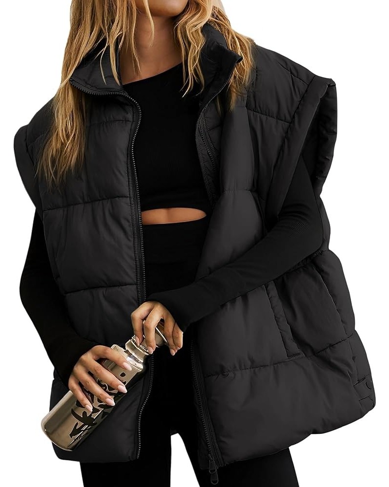 Womens Puffer Vest Oversized Puffer Jacket Coat Sleeveless Stand Collar Lightweight Fall Vest for women 2023 Black $17.99 Vests