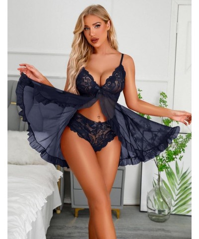 Lingerie for Women Sexy Naughty Lace Babydoll Chemise Open Front Ruffle Boudoir Outfits Sleepwear Blue $9.61 Lingerie