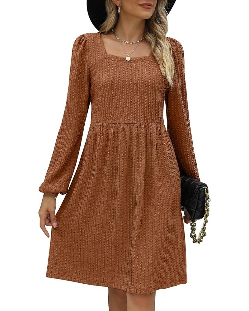 Womens Knit Dress Square Neck Long Sleeve Knee Length Babydoll Dresses F-brown $20.79 Dresses