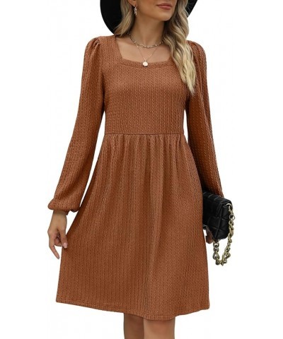 Womens Knit Dress Square Neck Long Sleeve Knee Length Babydoll Dresses F-brown $20.79 Dresses