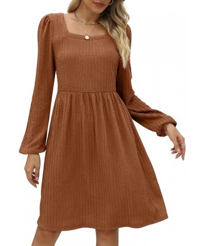 Womens Knit Dress Square Neck Long Sleeve Knee Length Babydoll Dresses F-brown $20.79 Dresses