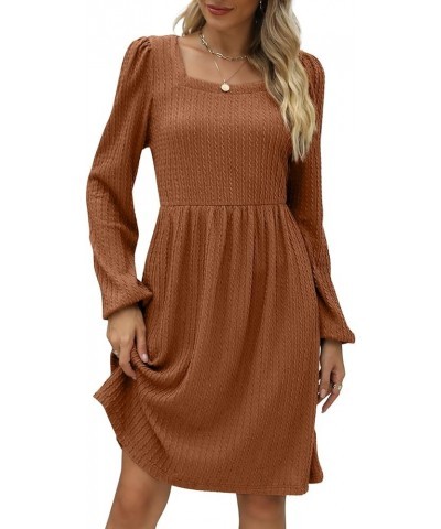 Womens Knit Dress Square Neck Long Sleeve Knee Length Babydoll Dresses F-brown $20.79 Dresses