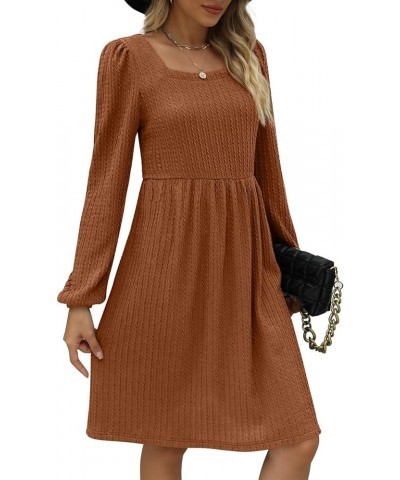 Womens Knit Dress Square Neck Long Sleeve Knee Length Babydoll Dresses F-brown $20.79 Dresses