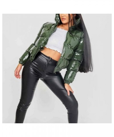 Womens Winter Metallic Crop Short Puffer Cotton-Padded Bubble Jackets Green $23.80 Jackets