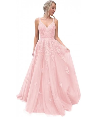 Lace Applique Prom Dresses Long V Neck Spaghetti Straps Tulle A Line Formal Evening Ball Gowns for Women Light Pink $40.79 Dr...