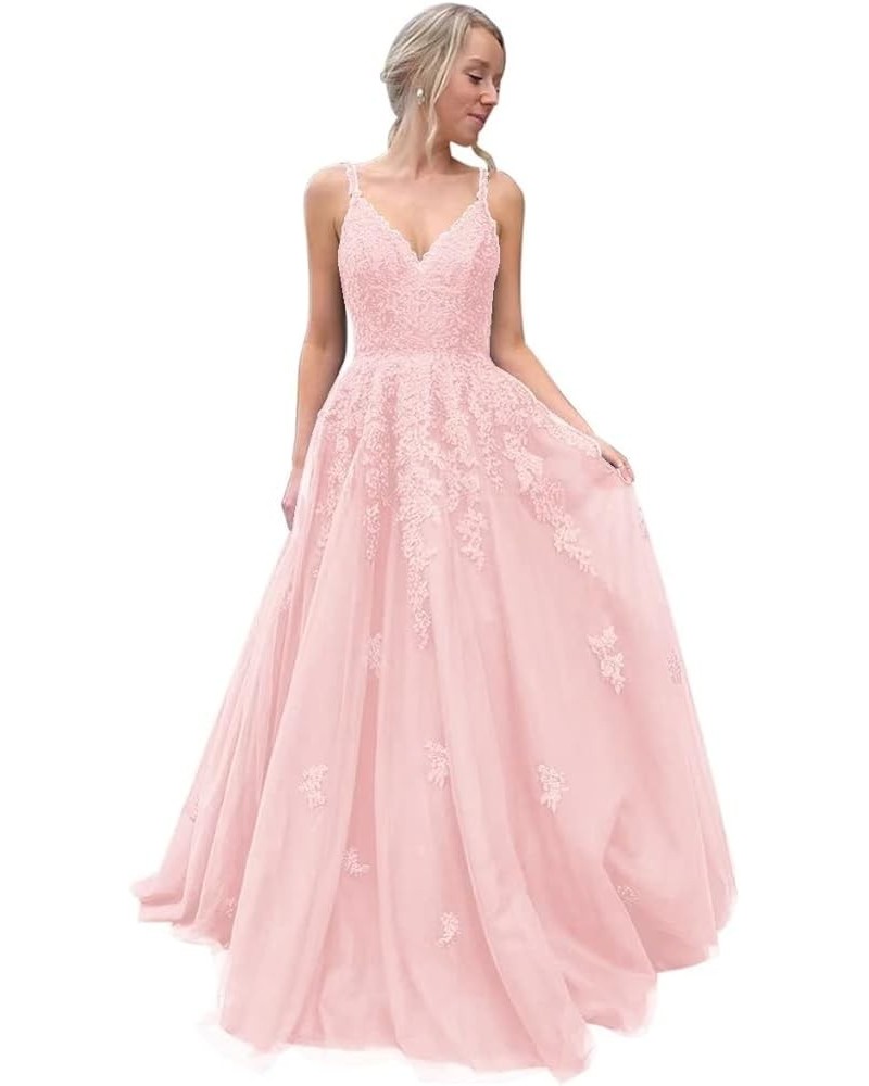 Lace Applique Prom Dresses Long V Neck Spaghetti Straps Tulle A Line Formal Evening Ball Gowns for Women Light Pink $40.79 Dr...