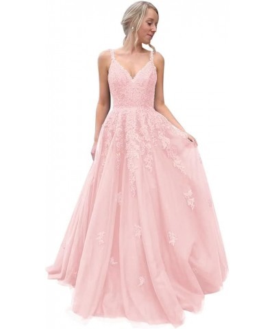 Lace Applique Prom Dresses Long V Neck Spaghetti Straps Tulle A Line Formal Evening Ball Gowns for Women Light Pink $40.79 Dr...