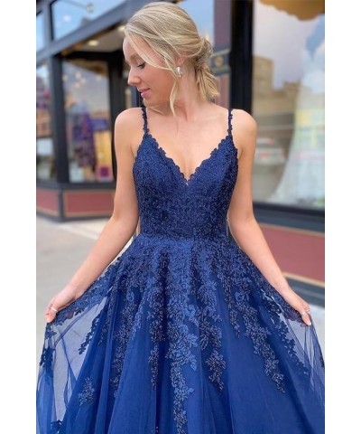 Lace Applique Prom Dresses Long V Neck Spaghetti Straps Tulle A Line Formal Evening Ball Gowns for Women Light Pink $40.79 Dr...