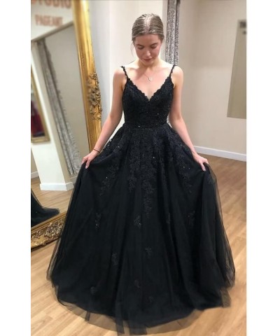 Lace Applique Prom Dresses Long V Neck Spaghetti Straps Tulle A Line Formal Evening Ball Gowns for Women Light Pink $40.79 Dr...