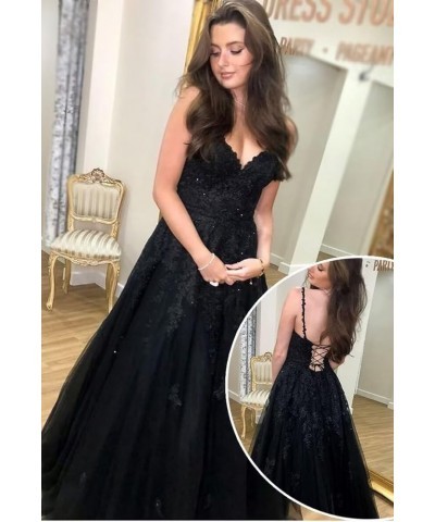 Lace Applique Prom Dresses Long V Neck Spaghetti Straps Tulle A Line Formal Evening Ball Gowns for Women Light Pink $40.79 Dr...