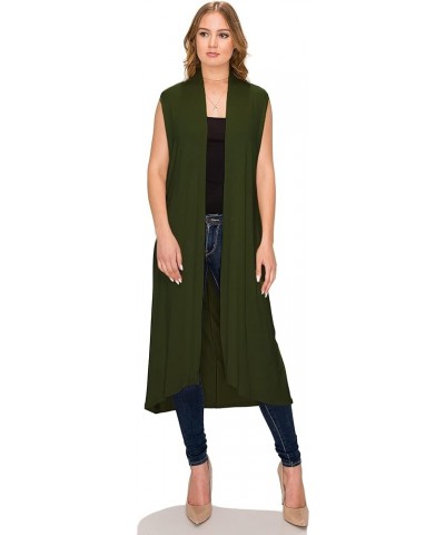 Women's Long Sleeve/Sleeveless Full Length Duster Long Open Cardigan(Sizes: S-5X) Sleeveless_olive $15.39 Sweaters