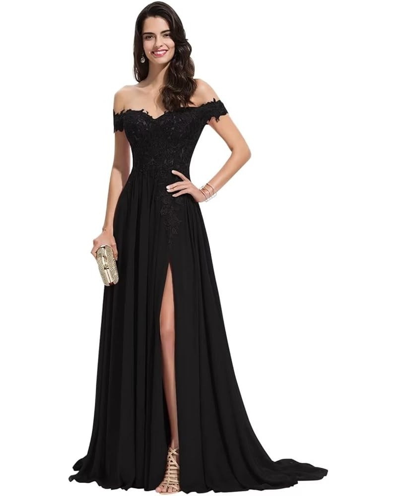 Off The Shoulder Long Prom Dresses with Slit Lace Appliques Chiffon Formal Evening Party Gowns for Women Black $32.89 Dresses