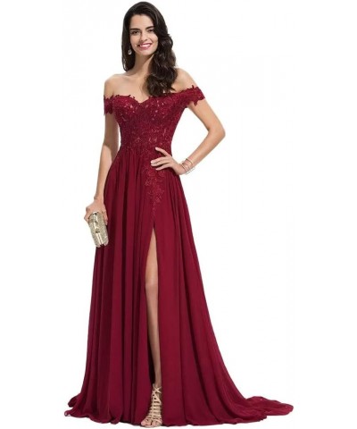 Off The Shoulder Long Prom Dresses with Slit Lace Appliques Chiffon Formal Evening Party Gowns for Women Black $32.89 Dresses