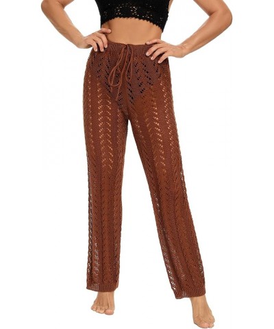 Women Crochet Cover Up Swim Pants See Through High Waist Knitted Hollow Out Fishnet Swimsuit Beach Pants Brown $10.43 Swimsuits