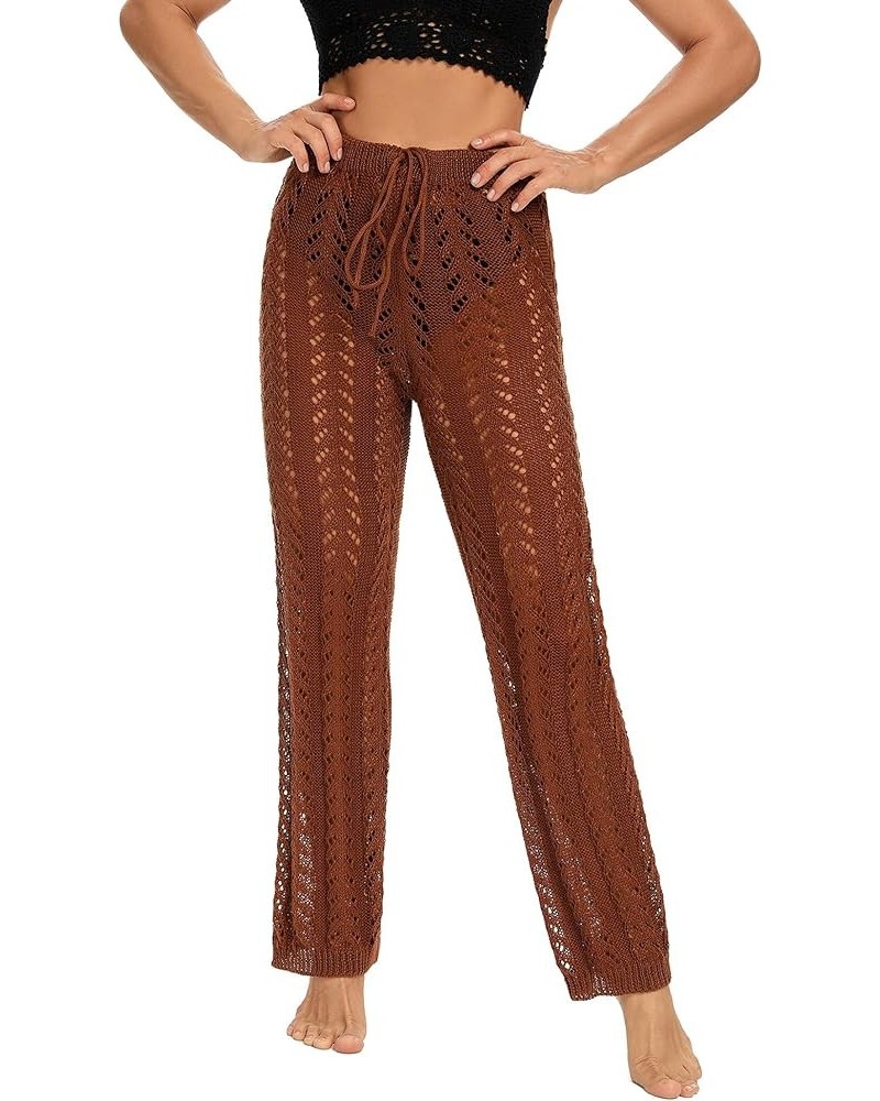 Women Crochet Cover Up Swim Pants See Through High Waist Knitted Hollow Out Fishnet Swimsuit Beach Pants Brown $10.43 Swimsuits