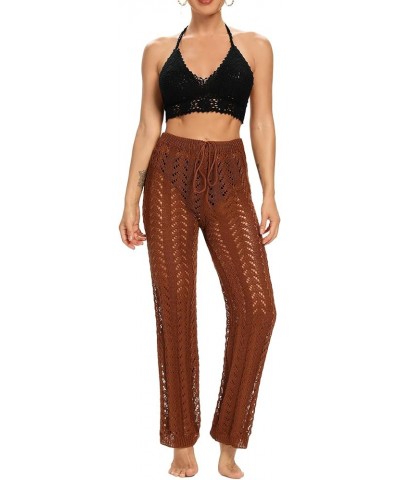 Women Crochet Cover Up Swim Pants See Through High Waist Knitted Hollow Out Fishnet Swimsuit Beach Pants Brown $10.43 Swimsuits