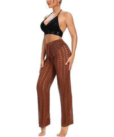 Women Crochet Cover Up Swim Pants See Through High Waist Knitted Hollow Out Fishnet Swimsuit Beach Pants Brown $10.43 Swimsuits