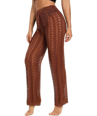 Women Crochet Cover Up Swim Pants See Through High Waist Knitted Hollow Out Fishnet Swimsuit Beach Pants Brown $10.43 Swimsuits