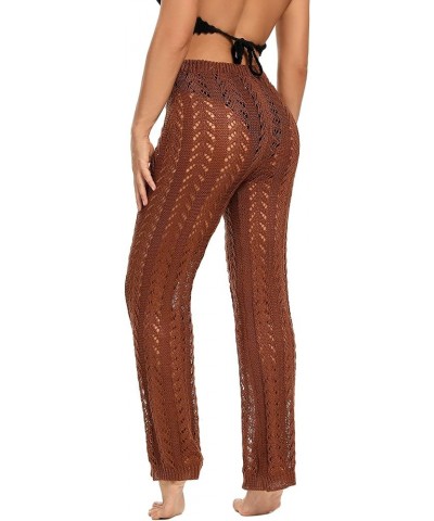 Women Crochet Cover Up Swim Pants See Through High Waist Knitted Hollow Out Fishnet Swimsuit Beach Pants Brown $10.43 Swimsuits