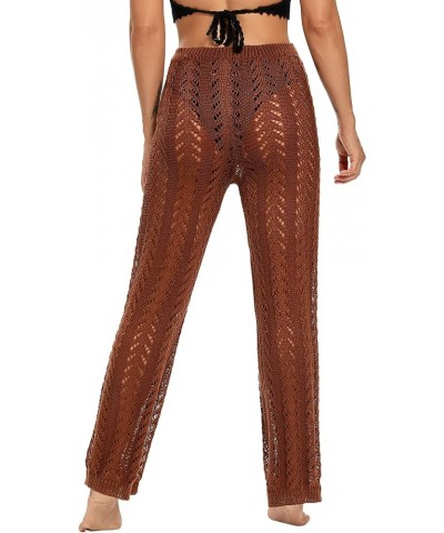 Women Crochet Cover Up Swim Pants See Through High Waist Knitted Hollow Out Fishnet Swimsuit Beach Pants Brown $10.43 Swimsuits