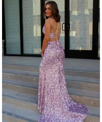 Two Piece Prom Dresses with Slit 2023 Long Mermaid Sequins V Neck Spaghetti Straps Sleeveless Formal Ball Gown for Women Dust...