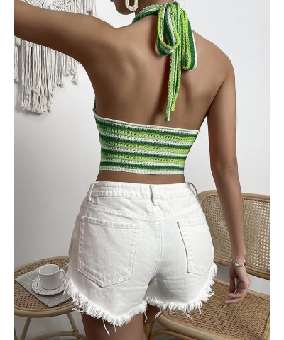 Women's Striped Colorblock Tie Backless V Neck Knitted Crop Halter Top Green $13.63 Tanks