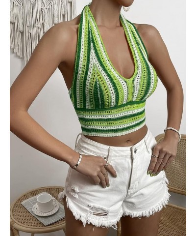 Women's Striped Colorblock Tie Backless V Neck Knitted Crop Halter Top Green $13.63 Tanks