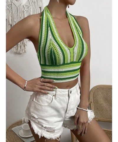 Women's Striped Colorblock Tie Backless V Neck Knitted Crop Halter Top Green $13.63 Tanks