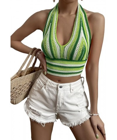 Women's Striped Colorblock Tie Backless V Neck Knitted Crop Halter Top Green $13.63 Tanks