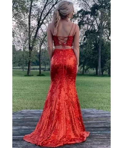 Two Piece Prom Dresses with Slit 2023 Long Mermaid Sequins V Neck Spaghetti Straps Sleeveless Formal Ball Gown for Women Dust...