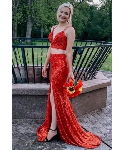 Two Piece Prom Dresses with Slit 2023 Long Mermaid Sequins V Neck Spaghetti Straps Sleeveless Formal Ball Gown for Women Dust...