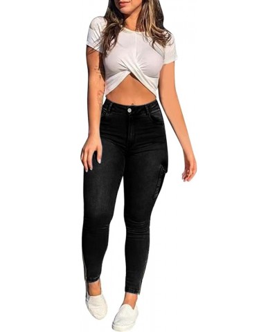 Sports Jeans Women's Solid Casual Tight Cargo Pants Multi-Pocket Zipper Mid Waist Skinny Denim Trousers Black $14.30 Jeans